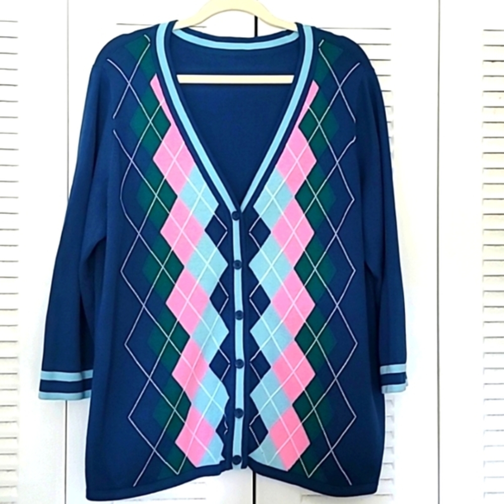 Liz Claiborne Button-Down Argyle  V-Neck Cardigan EUC